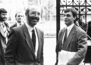 Antall József miniszterelnök április 26-án kelt meghívólevelének eleget téve a parlamenti pártok delegációi 1990. április 30-án, a külügyi szállóban összeültek. Orbán Viktor (j) és Kis János (b) a tárgyalás előtt.