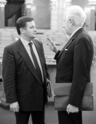  Budapest, 1989. március 22. Németh Miklós miniszterelnök Szentágothai Jánossal beszélget az országgyűlés szünetében. Csaknem kéthetes szünet után, március 22-én Szűrös Mátyás elnökletével folytatta munkáját az Országgyűlés március 8-án megkezdett ülésszaka. 