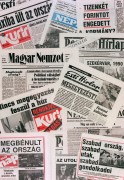 Budapest, 1990. november 1. Összeállítás a taxisdemostrációt hírül adó napilapjaink címoldaláról.