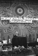  Budapest, 1989. október 6. Nyers Rezső pártelnök megnyitó beszédét mondja, a Magyar Szocialista Munkáspárt XIV. kongresszusán a Budapest Kongresszusi Központban.